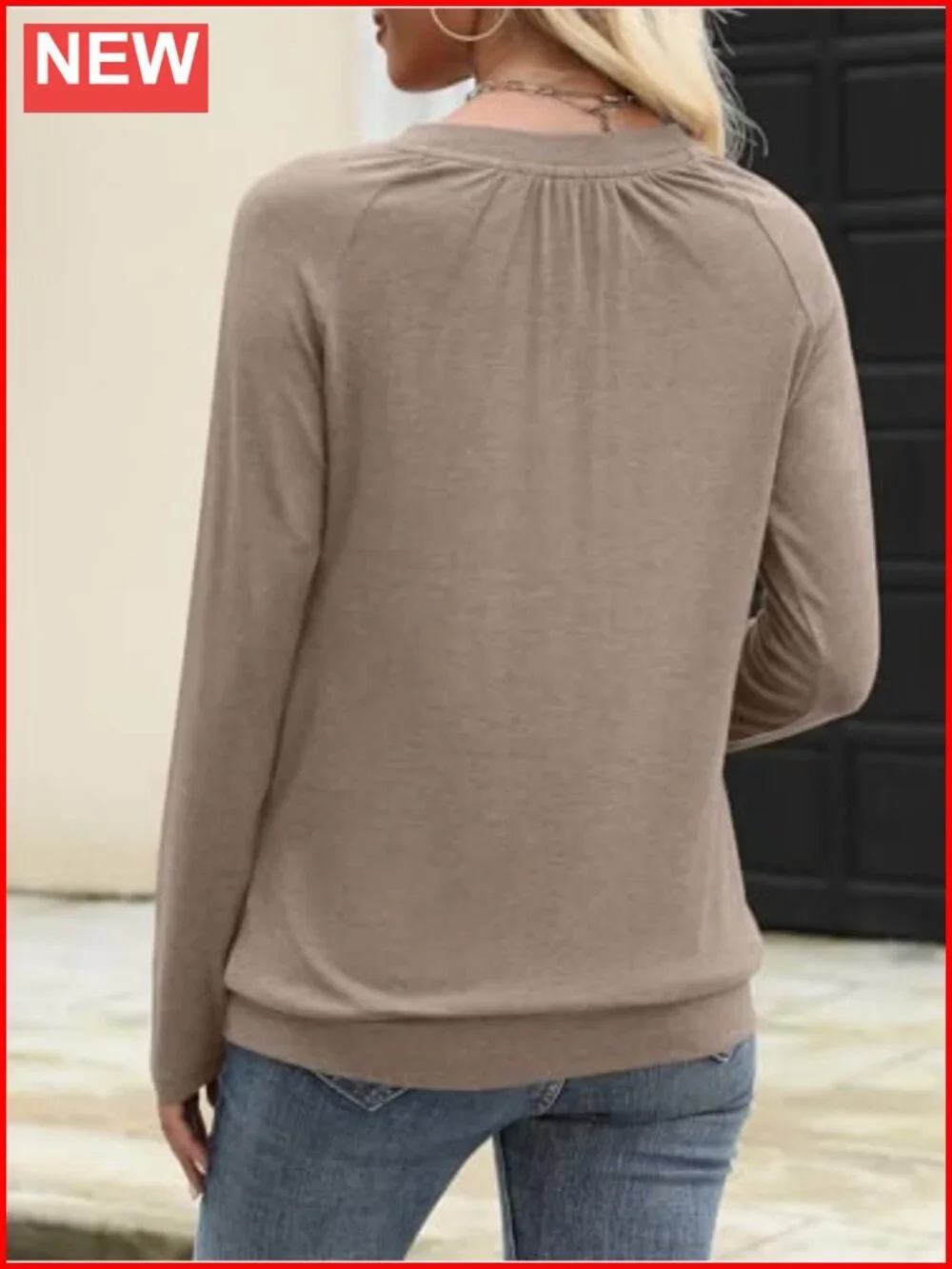 Womens V Neck Long Sleeve Pleated Top Banded Hem Loose Fit Casual Blouse